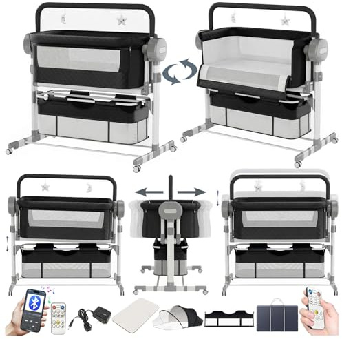 Magic ZC Elektrische Bluetooth Intelligent Beistellbett Baby mit Rollen, Faltbar Co-Sleeping Babybett, Fernbedienung und 5-schwankende Zahnräder, Stubenwagen Kleinkind Wiege mit Musik (608 Black)