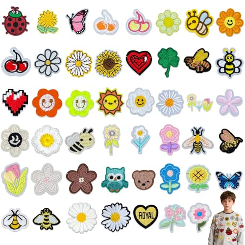 Patches zum Aufbügeln, 47 Stück Aufnäher zum Aufbügeln, Niedliche Bestickte Bügelbilder für Kleidung Jeans Hut Tasche DIY Reparatur und Dekoration
