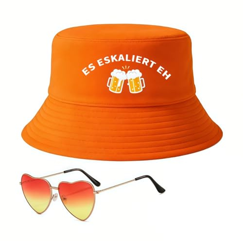 PIujsym Es eskaliert eh! Malle Outfit Damen & Herren Set, Mallorca Party Outfit mit Baumwolle Fischerhut und Herz Sonnenbrille, Orange Festival Zubehör Accessoires Pack