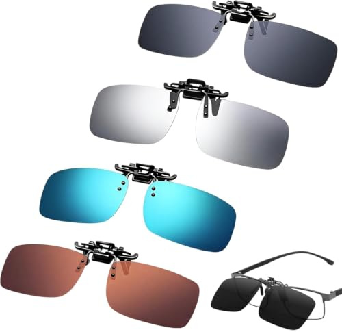 Eulihent 4 Pcs Clip-On Sonnenbrille, Sonnenbrillen Clip für Brille, UV400 Polarisiert Sonnenbrillen Aufsatz Brille, 180° Flip Up Sonnenbrille für Brillenträger, Angeln, Reisen, Autofahren