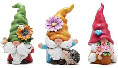ZAWUU Spring Gonk Gnomes (Set of 3) – Flower Gonk Resin Spring & Easter Decorations for Fairy Garden, Tiered Tray & Table – Indoor/Outdoor Garden Gonks — Gift for Mum, Mother
