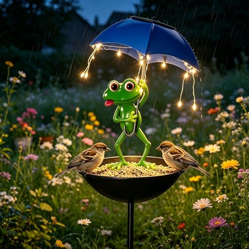 Solar Frosch Futterstation Statue Licht, Outdoor Solar Frosch Garten Dekoration mit Regenschirm Futter Schale Stehend Kolibri Futterstation Dekorative Wegelicht für Garten Terrasse Rasen Teiche Hof