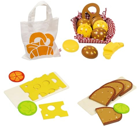 goki 6637 - Aufschnitt-Set aus Holz, perfekt für Spielküche und Kaufmannsladen, 22-teiliges Set für den Tisch inkl. Brot, Brötchen, Käse, Salat und Tomate, fördert Kreativität und Motorik, ab 3 Jahre
