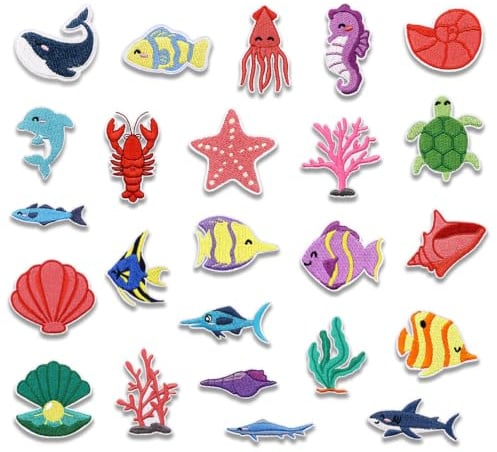 24 Stück Aufnäher zum Aufbügeln/Aufnähen, Küsten Aufbügler Meer Bügelbilder, Kinder Bügelpatch, Flicken zum Aufnähen oder Aufbügeln auf Kleidung, Kleid, Hut, Jeans, DIY-Zubehör…