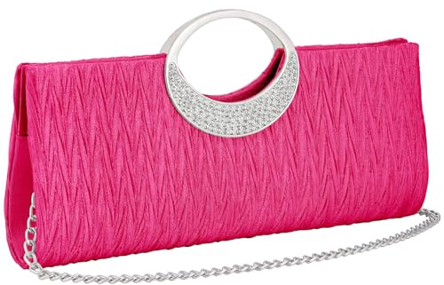 Women's Satin Clutch Bag, Crystal Diamante Top Handle Evening Handbag with Chain Strap for Wedding Bridal Party, Hot Pink