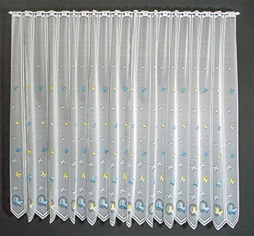 frankgardinen Scheibengardine Schmetterlinge 120 cm hoch weiß mit blau/gelb - Wunschbreite frei wählbar durch gekaufte Menge in 12 cm Schritten - Meterware