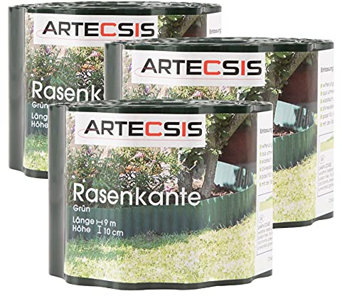 3X Rasenkante aus Kunststoff, 9 m x 10cm, Grün, gewellt, Umrandung für Beete, Beeteinfassung, Rasenbegrenzung