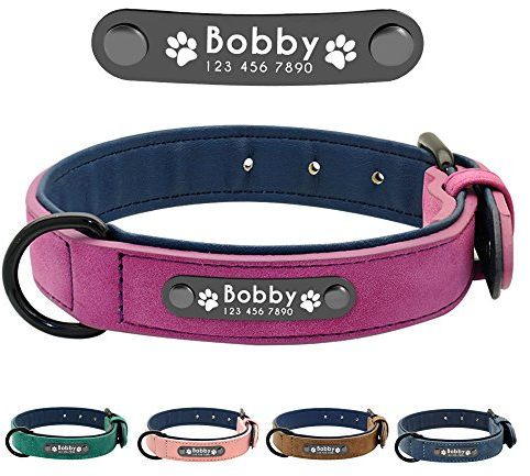 Didog Soft PU Leather Padded Custom Dog Collar with Personalized Nameplate and D Ring, Engraved Dog Collars for Small Medium Large Dogs,Purple,XL