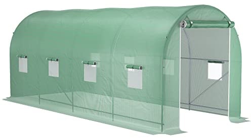 Outsunny Gewächshaus 500x200x205cm Foliengewächshaus Tomatenhaus Tür mit Moskitonetz, Fenster, Folientunnel aus verzinktem Stahl, stabiles Pflanztunnel, Treibhaus inkl. Erdanker Seilen, Grün
