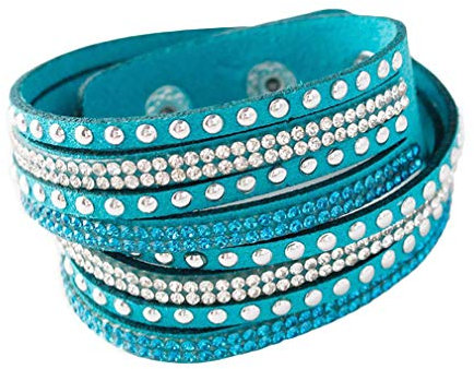YAZILIND Leder Wickelarmbänder Strass und Muti-Color Perlen Stulpearmband, Charm Multilayer Armband Damen Schmuck Hellblau