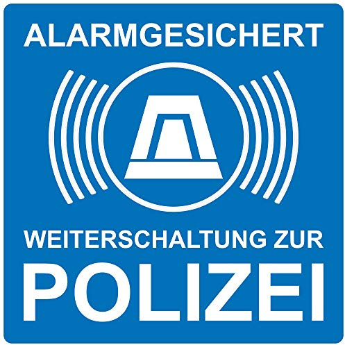 5 Stück Alarmgesichert Aufkleber Weiterschaltung zur Polizei, 10 x 10 cm Hinweisaufkleber Alarmanlage, Premium Aufkleber Alarmanlage