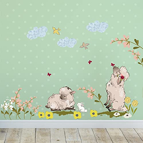 Wandtattoo Schaf Blumen III für Kinderzimmer | 123 x 58 cm; selbstklebende Vinylfolie für Tapete, Raufaser, Möbel, Glas und Türen