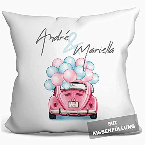 personalisierbares Kissen zur Hochzeit, Valentinstag oder Jahrestag, Hochzeitskissen Auto Hochzeits-Geschenk Geldgeschenk Kissenhülle mit Füllung und Namen weiß 40cm x 40cm (Aquarell Auto)