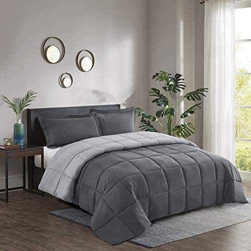 HIG Bettdecke 135x200 cm Set mit Kissenbezug – Oeko-TEX zertifizierte Grau Steppdecke, Kastenförmig genähtes Design – 1300g Daunenalternative, Weich, Flauschig