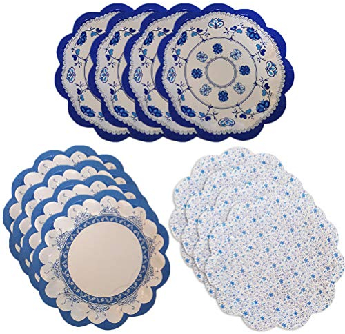 Lot de 12 assiettes en carton de 18 cm en porcelaine bleue et blanche de style (4 assiettes en carton de 18 cm avec pétales de fleurs, 4 assiettes en porcelaine bleue et blanche mélangées)