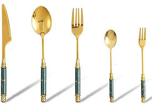 Lot de 5 couverts de cuisine en acier inoxydable 410 avec poignée en céramique texturée effet marbre et design unique avec couteau/fourchette/cuillère (manche vert foncé)