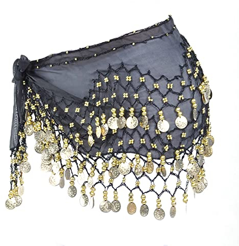Hayaww Damen Bauchtanz Gürtel, Hip Scarf Wrap Damen Bauchtanz GüRtel Chiffon-HüFttüCher Damen BauchtäNzerin KostüM Tanztuch Mit MüNzen GüRtel RöCke MüNzgüRtel, FüR Bühnen Show, Party, Feier (Schwarz)