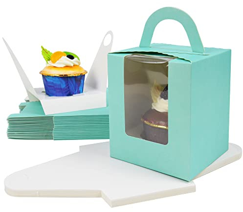 Soneinex 24 Pcs Single Cupcake Boxes Individual Cupcake Boxes 1 Hole Cup Cake Box with Window and Inserts for Wedding Birthday Party Favors(Blue)