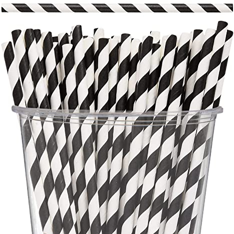 Neel Blue Paper Drinking Straws [100 Pack] Disposable Straws - Black & White Striped Straws, Party Straws Cocktail Decorations for Birthday Wedding Christmas Party DIY Decoration