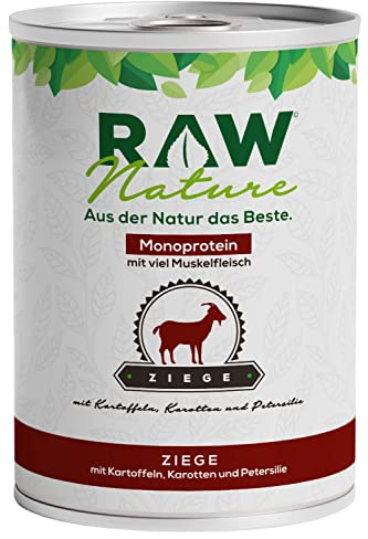RAW Nature Ziege Pur Hunde-Nassfutter – 400g, Kartoffeln & Möhren | Getreidefreies Alleinfuttermittel für Hunde mit Ziege als Monoprotein, viel Fleisch, Kartoffeln, Möhren und Petersilie.