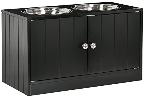 PawHut Raised Dog Bowls for Large Dogs Pet Feeding Station w/Stand, Storage, Two Stainless Steel Bowls - Black