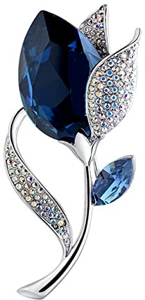 Broche bijou acier argenté fleur strass blanc et cristal autrichien bleu.