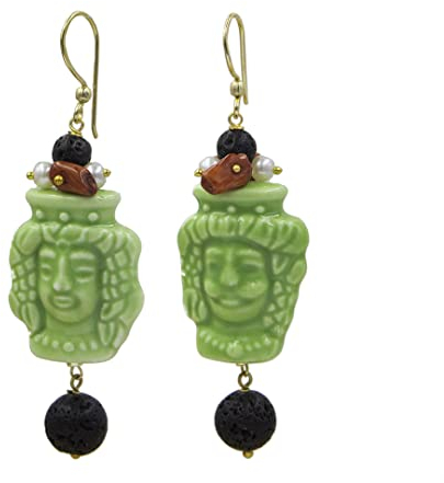 MARARDI Ohrringe Damen Italienische [Grün] Keramik aus Caltagirona [Testa di Moro] Lange Handmade Italienischer Schmuck Elegant Originale für Alltag Events Hochzeiten besondere Anlässe