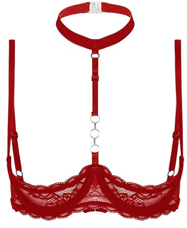 CHICTRY Womens Lace Push Up Bra Underwire 1/4 Cups Brassiere Shelf Bras Balconette Bralette Lingerie 2# Red 3XL