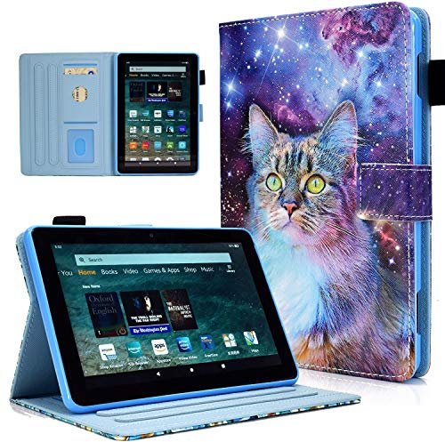 KEROM Case for Fire HD 8 & 8 Plus Tablet (12th/10th Generation, 2024/2022/2020 Release), PU Leather Folio Stand Cover Protective Case with Auto Wake/Sleep for Amazon Fire 8 inch Case, Space Cat