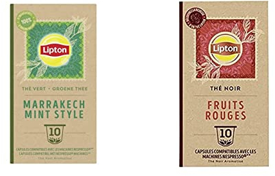 Lipton Thé Vert Marrakech Mint, 10 Capsules Compatibles Nespresso, Antioxydant et Parfumé, Menthe Fraîche et Délicate, x10 Capsules & Thé Noir Fruits Rouges 10 Capsules Compatibles Nespresso