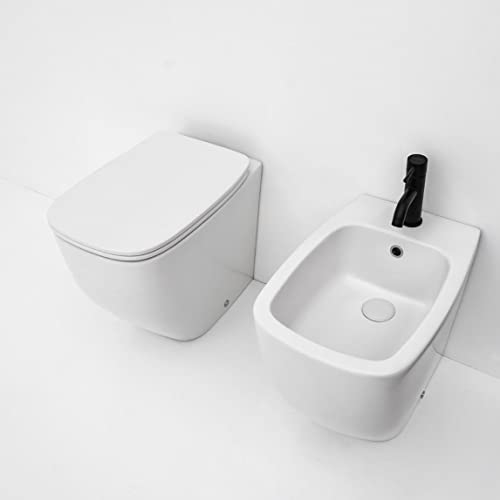 Coppia di sanitari a terra bidet e wc bianco opaco completo di copriwc