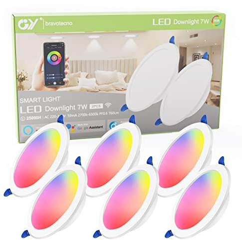 GY LED Einbaustrahler Spots 230V Flach Dimmbar,7W 500LM Smart Einbauleuchten Deckenspots Deckenstrahler Kompatibel mit Alexa/Google Home,RGB Warmweiß-Kaltweiß Einbauspots für Wohnzimmer,6 Stück