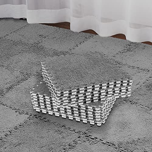 Nuanchu 50 Pcs Plush Foam Interlocking Floor Mat Climbing Area Rugs 11.81 x 11.81 Inch Square Soft Fluffy Tiles with Border Play Mat Flooring Tiles for Home Playroom Decoration (Gray)