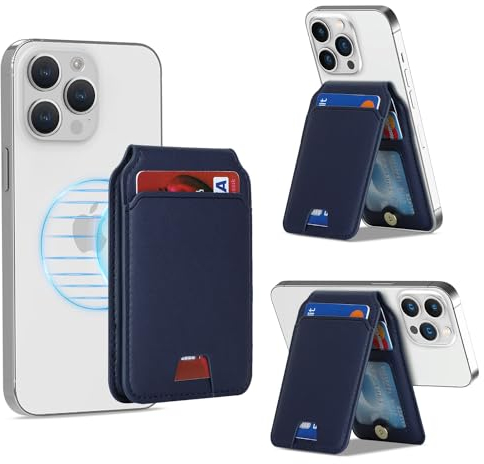 AFARER Magnetischer Handy Kartenhalter für MagSafe,Handy Kartenetui kompatibel mit MagSafe Wallet mit verstellbarem Stand,Leder Wallet Ständer für iPhone 16 15 14 13 12 Series,Blau