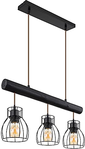GLOBO Pendelleuchte Hängelampe Vintage Holzbalken Retro Holzleuchte Mit Gitterschirmen schwarz, Fernbedienung dimmbar, 3x RGB LED 4,8W 470Lm, HxLxB 140x60x13,6cm