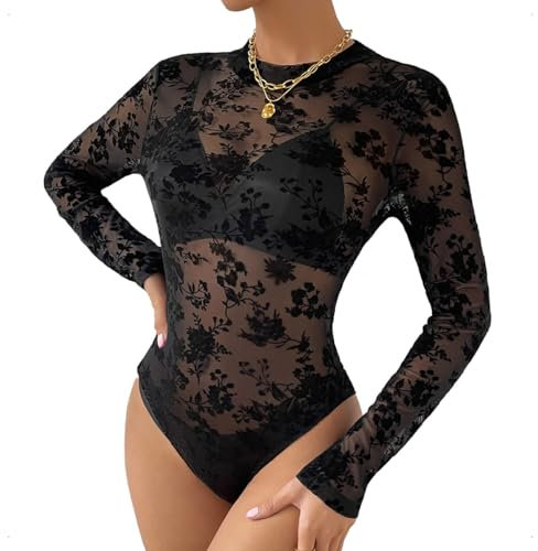 EMOTTOS Body da donna in pizzo sexy, manica lunga in rete trasparente stampata a fiocchi, scollo rotondo per vedere attraverso la tuta da donna, body femminile sexy da club(BLACK-M)