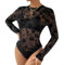 EMOTTOS Women's Sexy Lace Bodysuit, Flocked Printed Sheer Mesh Long Sleeve, Round Neck See Through Jumpsuit for Women, Female Sexy Leotard Clubwear(BLACK-M)