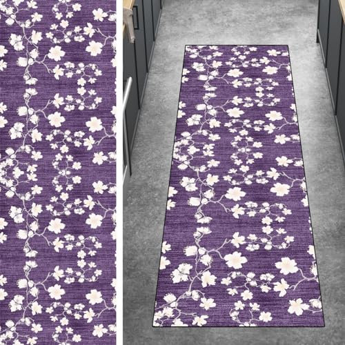 Ymural Läufer Flur rutschfest Teppich Küche 100x300CM Lila rutschfest Lang Blumen Muster Meterware Kurzflor Polyester Korridor Schlafzimmer, Anpassbar