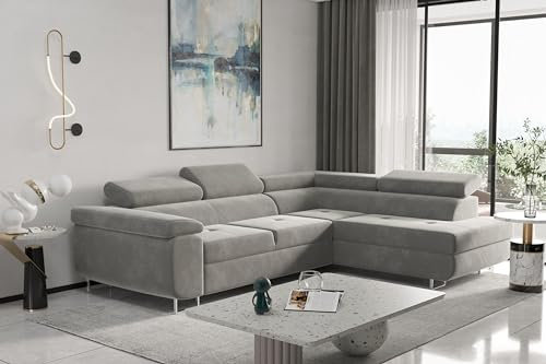 Kaiser Möbel, Ecksofa mit schlaffunktion, mit Bettkasten, Schlafsofa Atom Lux, Designer Sofa, Modern Design Couch, Polsterecke, Freistehend, Stoff Monolith Klasse A, Hellgrau Rechts