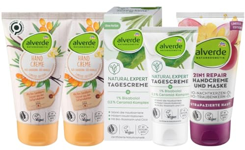Alverde NATURKOSMETIK 4er-Set Hautpflege: NATURAL EXPERT Tagescreme mit 0,3% Ceramid-Komplex (50 ml) + TRÄUM SCHÖN 2in1 Handcreme (75 ml) + 2 x Handpflege BIENENGLÜCK (2 x 75 ml), 275 ml