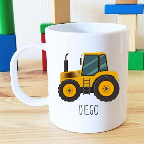 Little Floki Tazza in Plastica Personalizzata con nome per Bambini - Vari Disegni - Scuola- Compleanno- Natale (Trattore)