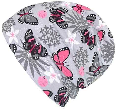 Wollhuhn Jungen/Mädchen Shorties Beanie/Beanie-Mütze/Kinder-Mütze Bequem Viele Motive Jersey Zweilagig Gefüttert Übergangszeiten (Öko-Stoffe/Bio) 2024202401 (Shorty Schmetterlinge Grau/Rosa, L)