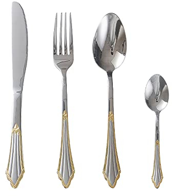 Ensemble d'argenterie plaqué or 32 pièces, ensemble de couverts en argenterie, service de couverts en acier inoxydable pour 8 personnes, cuillères, fourchettes, couteaux, ustensiles, ensembles de vai