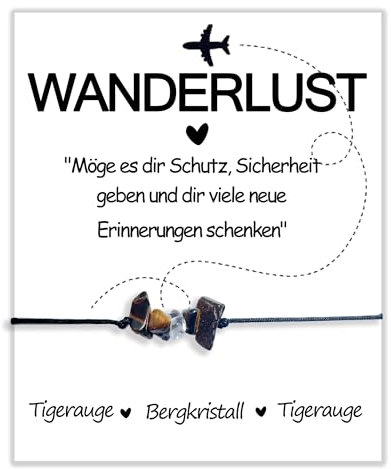 Weltreisende Grußkarte Reisearmband | Geschenk | Edelstein | Schutzstein | Tigerauge | Bergkristall | Schutzarmband Glücksbringer Reise Damen Geflochten Abschied Reise Geschenk für Freunde Familie