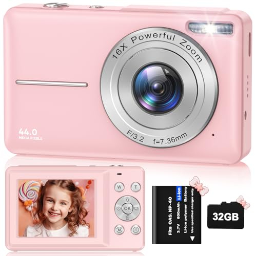 Digitalkamera Fotokamera HD 1080P 44MP, Fotoapparat mit 32GB Speicherkarte, Wiederaufladbare Kamera fotokamera mit 16X Digitalzoom digicam für Kinder, Erwachsene, Mädchen, Jungen(Rosa)