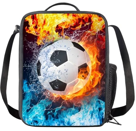 chaqlin Fire Football Lunch Box for Kids Boys School Lunchbag Insulated Lunch Food Container Teens Adult Work Bags Travel Picnic Lunch Tote Bags with Bottle Pocket Sport Soccer School Lunchbox