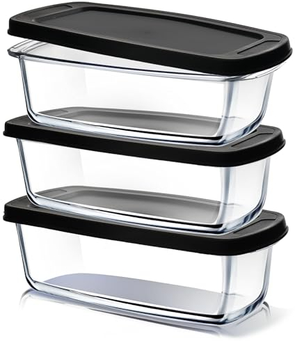 EATEX Glass Bread Pans for Homemade Bread Baking, 1.9 Qt Deep Rectangular Glass Loaf Pans with Lids Food Containers, Microwave Oven & Freezer Safe - 3 Glass Bread Loaf Pans 3 Airtight Lids BPA Free