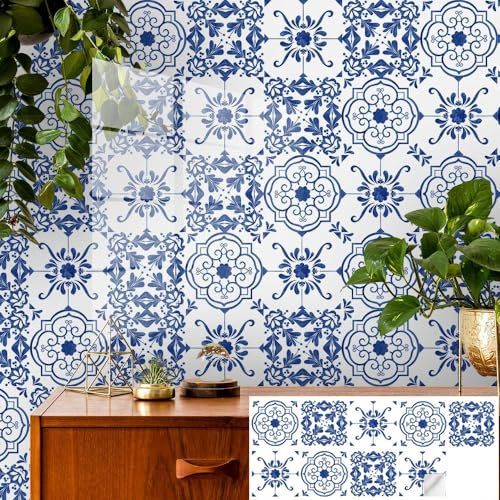 Stickers Muraux Cuisine Fleurs Bleues Décoration Murale En Carrelage,Autocollants Carrelage Salle De Bain Et Cuisine,Auto-Adhésif Pvc Imperméable Style Carreaux De Ciment 20X20Cm