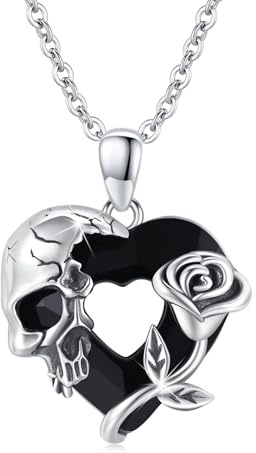 TRISHULA Gothic Schmuck 925 SterlingSilber Totenkopf Rose Halskette Schwarzes Herzanhänger Gotisches Geschenk für Damen Herren Mädchen Halloween