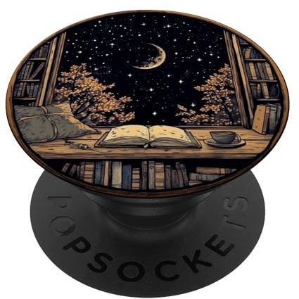 Mond Buch Bücherregal Bibliothek Kaffeetasse Sterne Muster PopSockets Klebender PopGrip